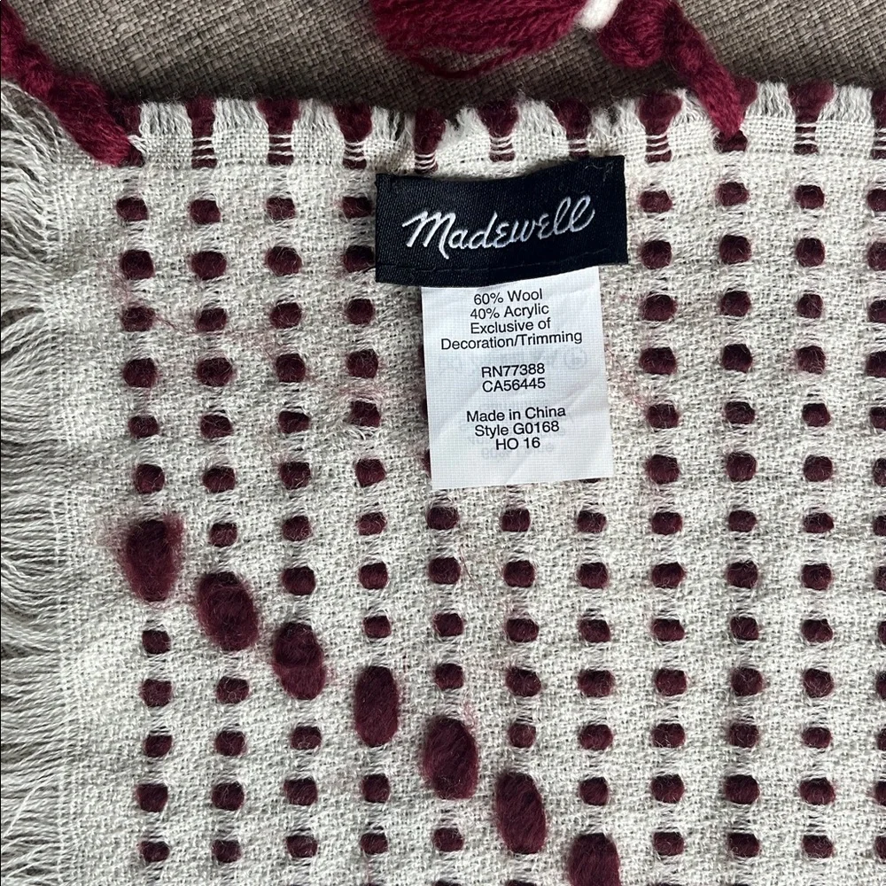 Madewell Large Cozy Wool Blend Scarf Shawl Cream Burgundy Weave
